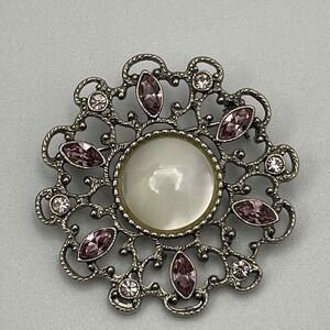 1928 Brand White Faux Moonglow Cabochon Rhinestones Brooch Pin Ornate Filigree